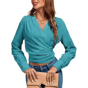 imageLYANER Womens Wrap V Neck Long Sleeve Tie Back Ruched Crop Top Blouse ShirtLake Blue
