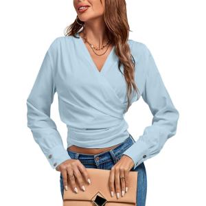 imageLYANER Womens Wrap V Neck Long Sleeve Tie Back Ruched Crop Top Blouse ShirtLight Blue