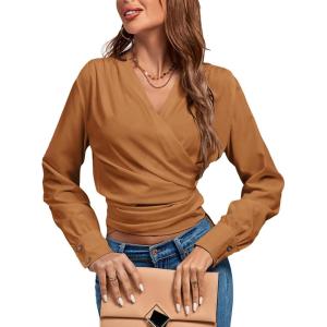 imageLYANER Womens Wrap V Neck Long Sleeve Tie Back Ruched Crop Top Blouse ShirtLight Brown
