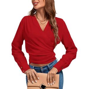imageLYANER Womens Wrap V Neck Long Sleeve Tie Back Ruched Crop Top Blouse ShirtRed