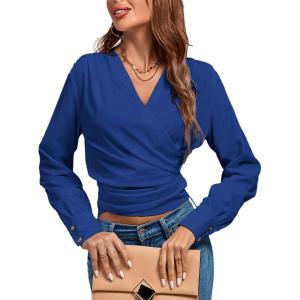 imageLYANER Womens Wrap V Neck Long Sleeve Tie Back Ruched Crop Top Blouse ShirtRoyal Blue