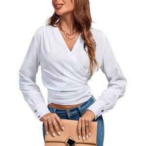 imageLYANER Womens Wrap V Neck Long Sleeve Tie Back Ruched Crop Top Blouse ShirtSolid White