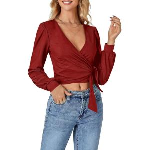 imageLYANER Womens Wrap V Neck Self Tie Knot Bishop Long Sleeve Ribbed Knit Crop Blouse TShirt TopRed