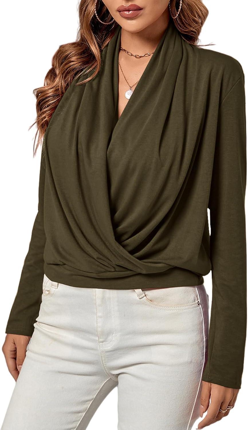 imageLYANER Womens Casual V Neck Cross Wrap Long Sleeve Solid Blouse Shirt TopArmy Green