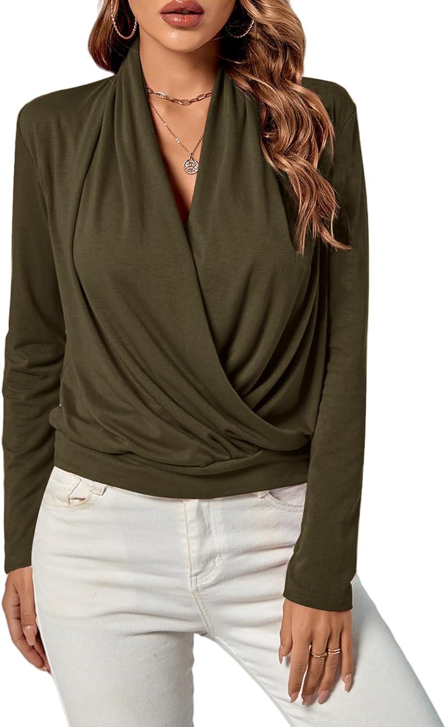 imageLYANER Womens Casual V Neck Cross Wrap Long Sleeve Solid Blouse Shirt TopArmy Green