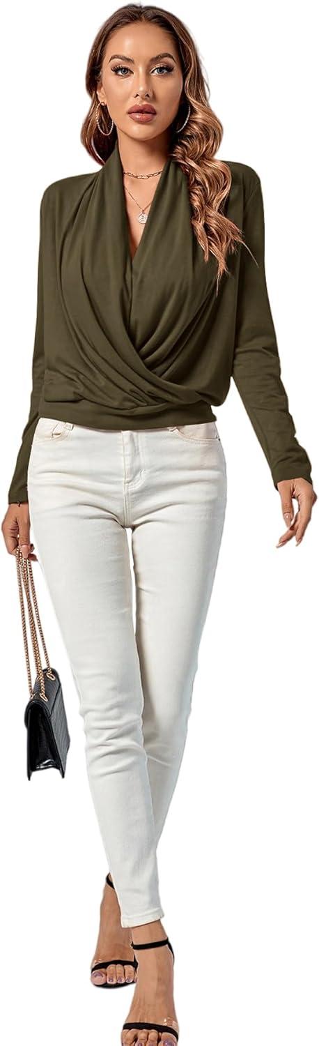 imageLYANER Womens Casual V Neck Cross Wrap Long Sleeve Solid Blouse Shirt TopArmy Green