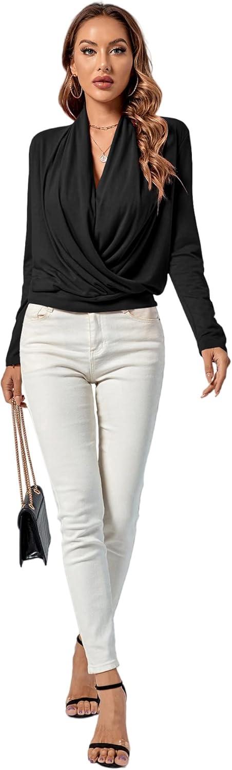 imageLYANER Womens Casual V Neck Cross Wrap Long Sleeve Solid Blouse Shirt TopBlack1
