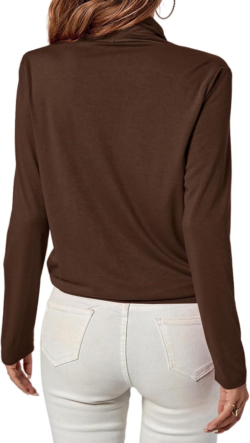 imageLYANER Womens Casual V Neck Cross Wrap Long Sleeve Solid Blouse Shirt TopBrown