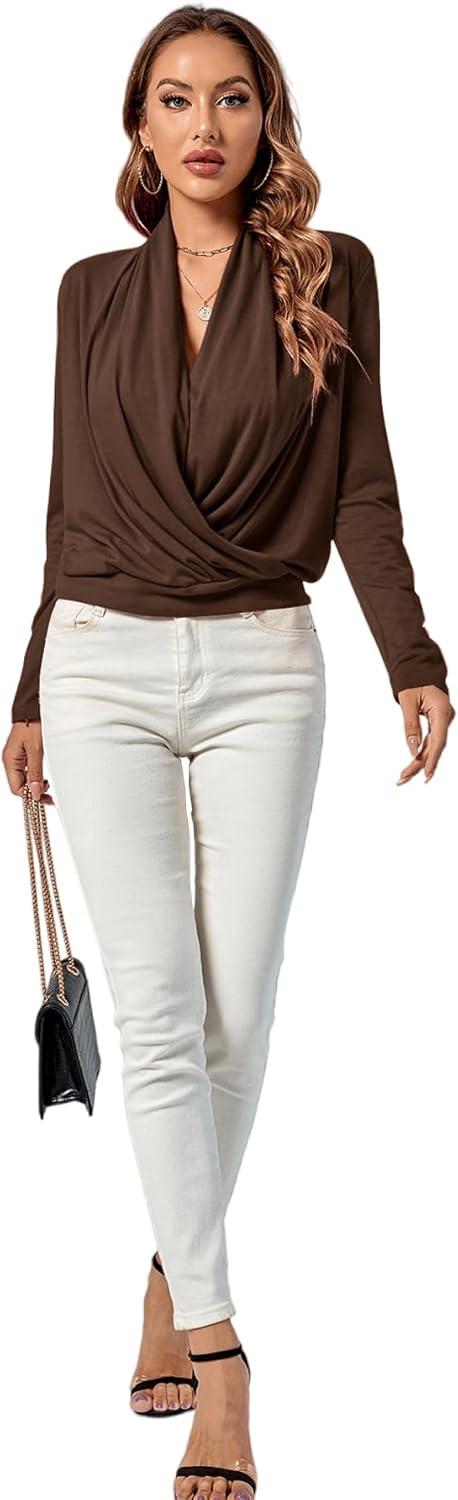 imageLYANER Womens Casual V Neck Cross Wrap Long Sleeve Solid Blouse Shirt TopBrown
