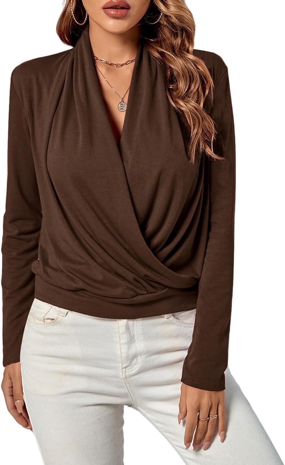 imageLYANER Womens Casual V Neck Cross Wrap Long Sleeve Solid Blouse Shirt TopBrown