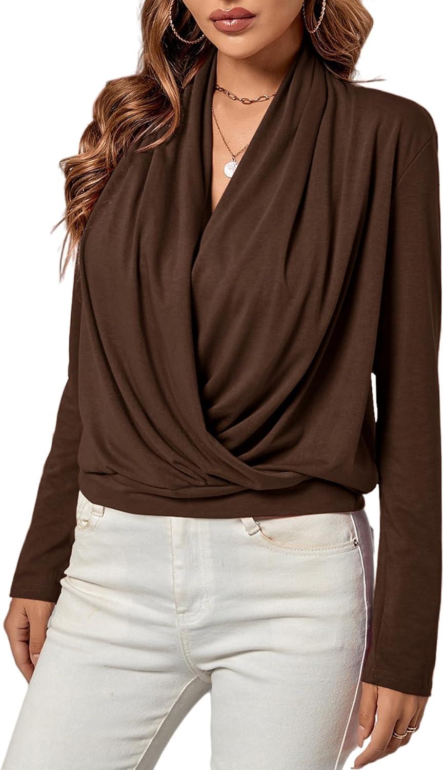 imageLYANER Womens Casual V Neck Cross Wrap Long Sleeve Solid Blouse Shirt TopBrown