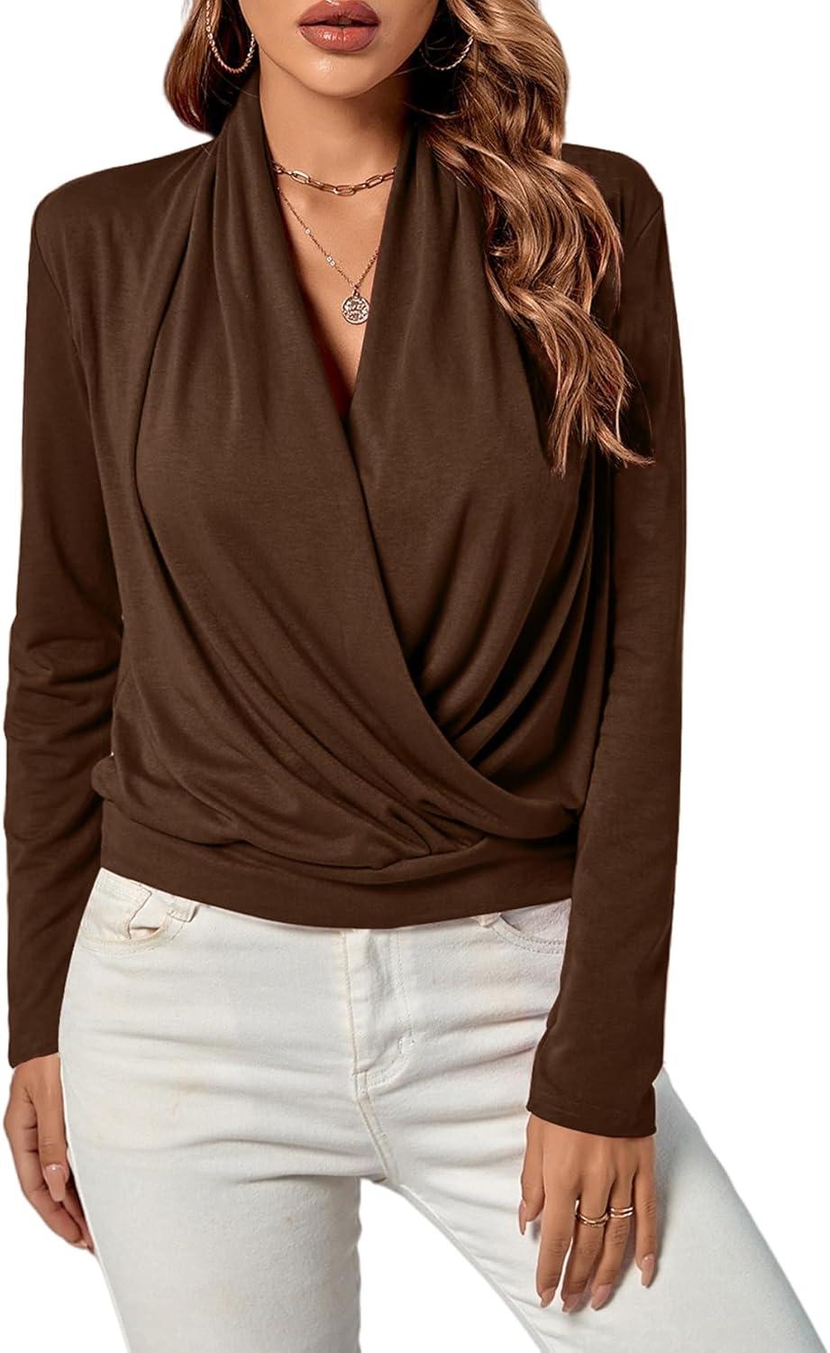 imageLYANER Womens Casual V Neck Cross Wrap Long Sleeve Solid Blouse Shirt TopBurnt Orange