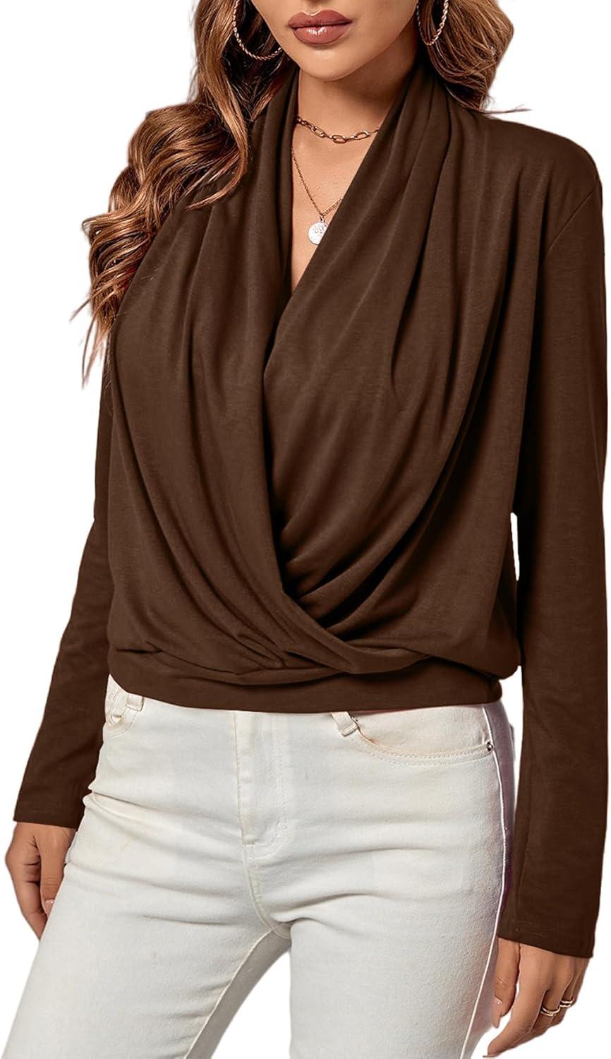 imageLYANER Womens Casual V Neck Cross Wrap Long Sleeve Solid Blouse Shirt TopBurnt Orange