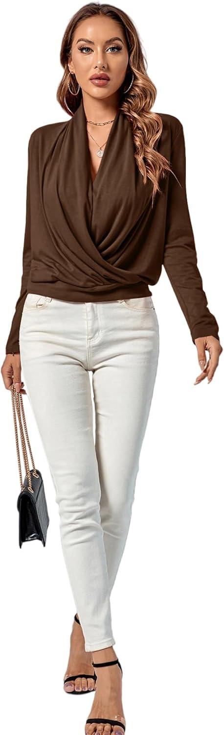 imageLYANER Womens Casual V Neck Cross Wrap Long Sleeve Solid Blouse Shirt TopBurnt Orange