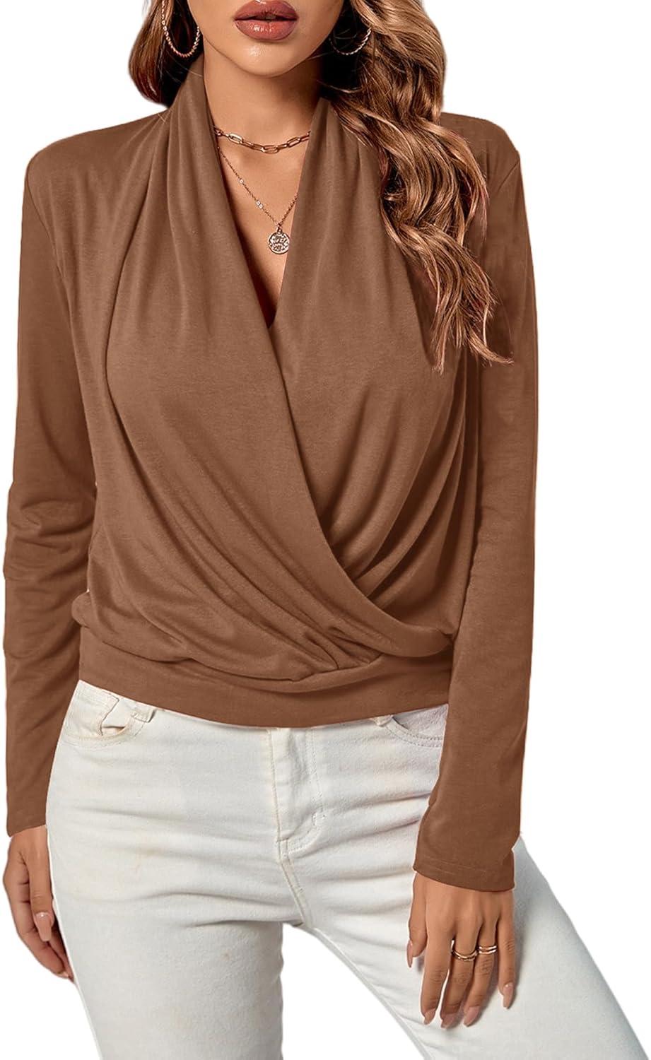 imageLYANER Womens Casual V Neck Cross Wrap Long Sleeve Solid Blouse Shirt TopDark Khaki