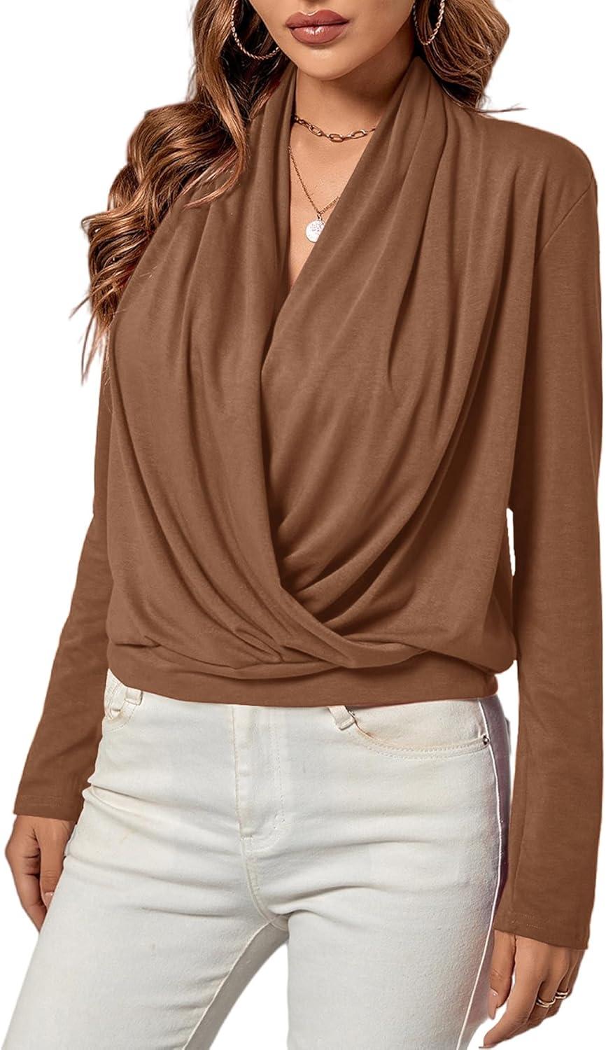 imageLYANER Womens Casual V Neck Cross Wrap Long Sleeve Solid Blouse Shirt TopDark Khaki