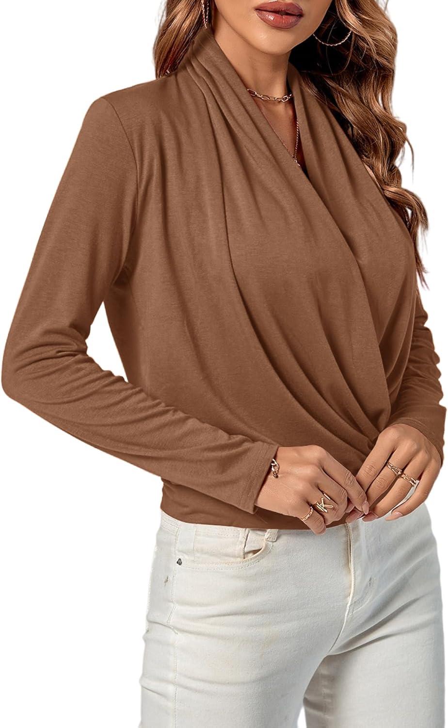 imageLYANER Womens Casual V Neck Cross Wrap Long Sleeve Solid Blouse Shirt TopDark Khaki