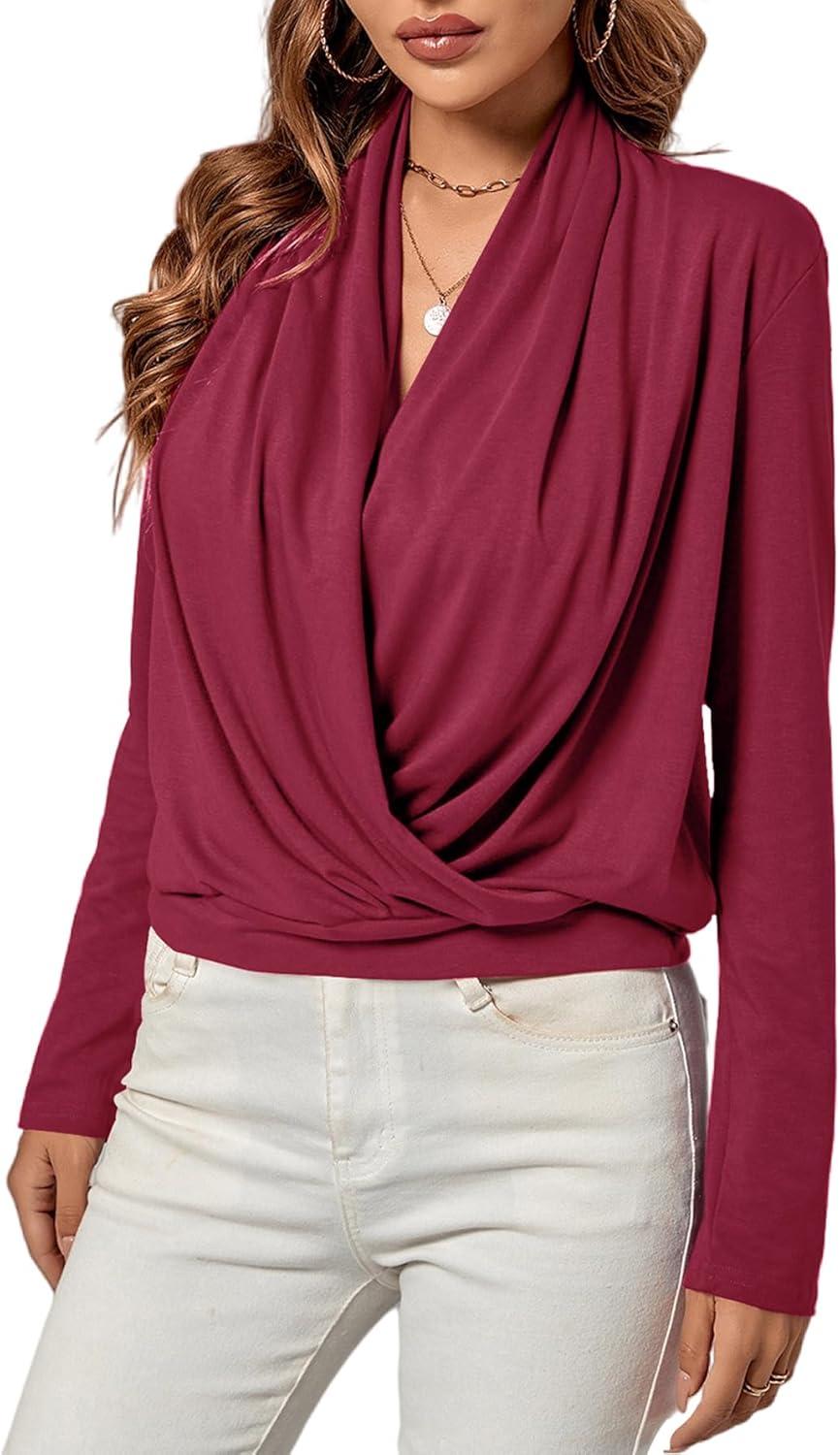 imageLYANER Womens Casual V Neck Cross Wrap Long Sleeve Solid Blouse Shirt TopDark Red