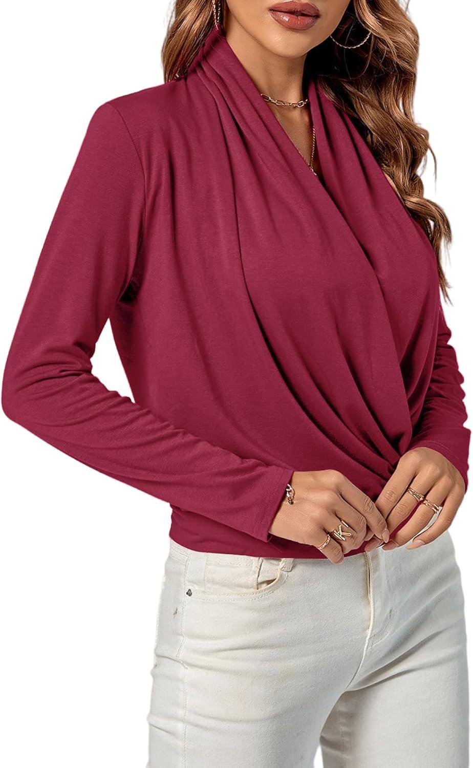 imageLYANER Womens Casual V Neck Cross Wrap Long Sleeve Solid Blouse Shirt TopDark Red