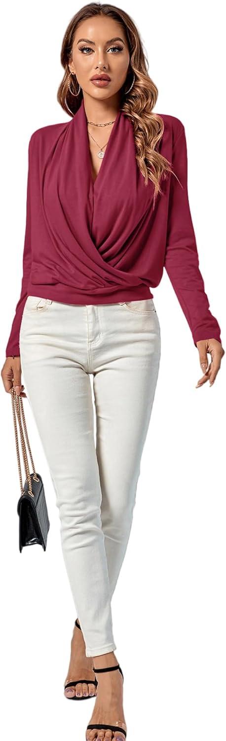 imageLYANER Womens Casual V Neck Cross Wrap Long Sleeve Solid Blouse Shirt TopDark Red