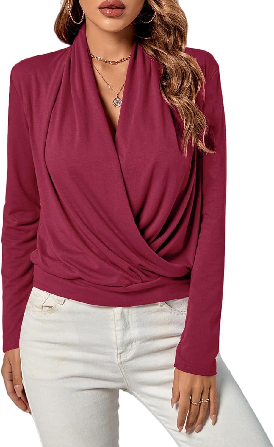 imageLYANER Womens Casual V Neck Cross Wrap Long Sleeve Solid Blouse Shirt TopDark Red
