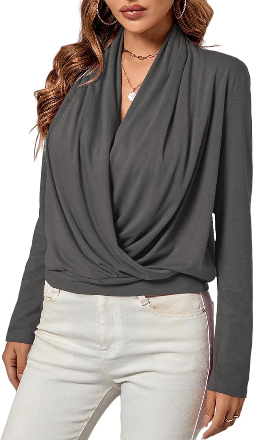 imageLYANER Womens Casual V Neck Cross Wrap Long Sleeve Solid Blouse Shirt TopGray