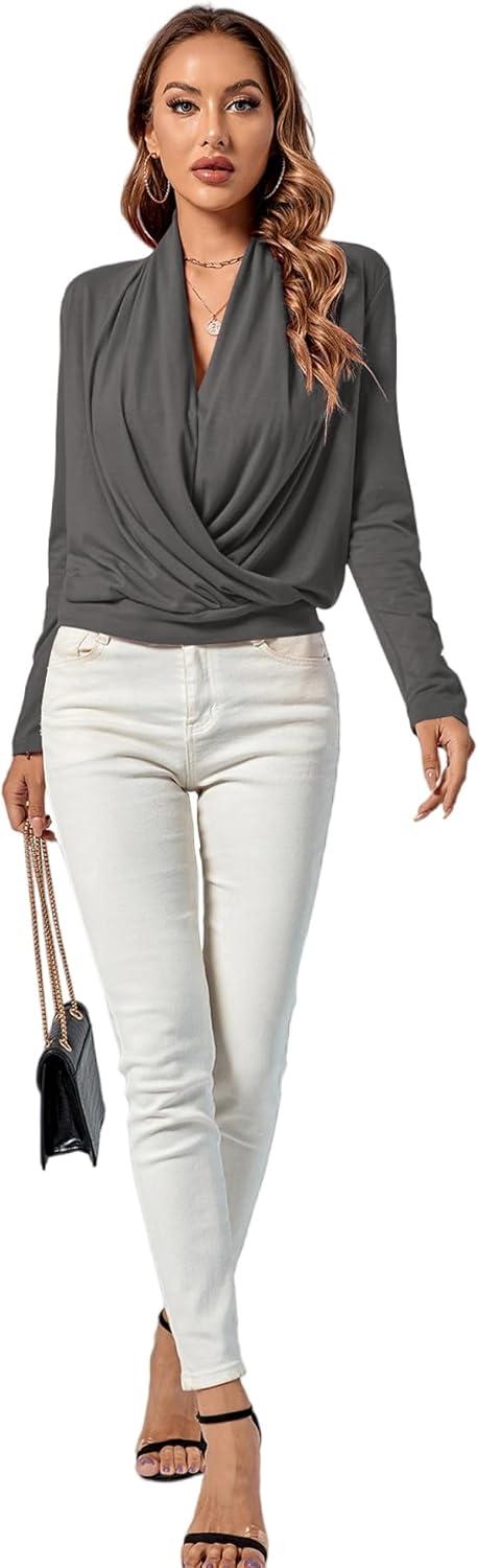 imageLYANER Womens Casual V Neck Cross Wrap Long Sleeve Solid Blouse Shirt TopGray