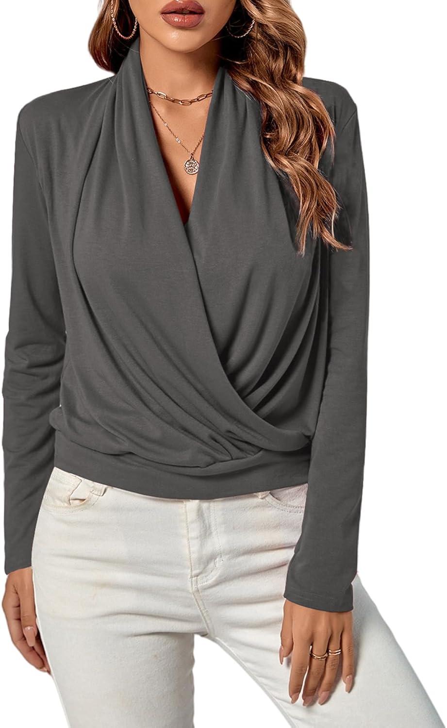 imageLYANER Womens Casual V Neck Cross Wrap Long Sleeve Solid Blouse Shirt TopGray