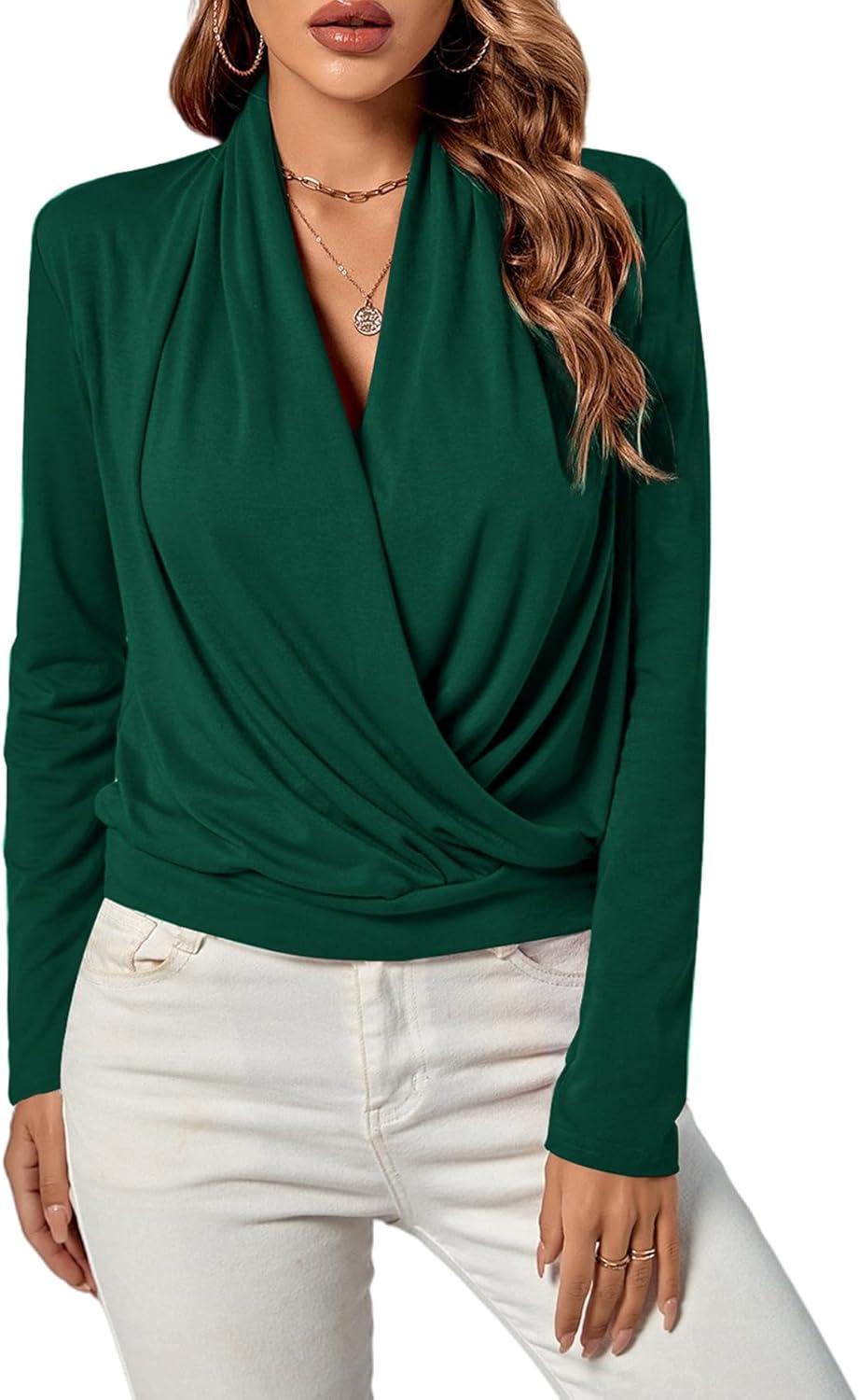 imageLYANER Womens Casual V Neck Cross Wrap Long Sleeve Solid Blouse Shirt TopGreen