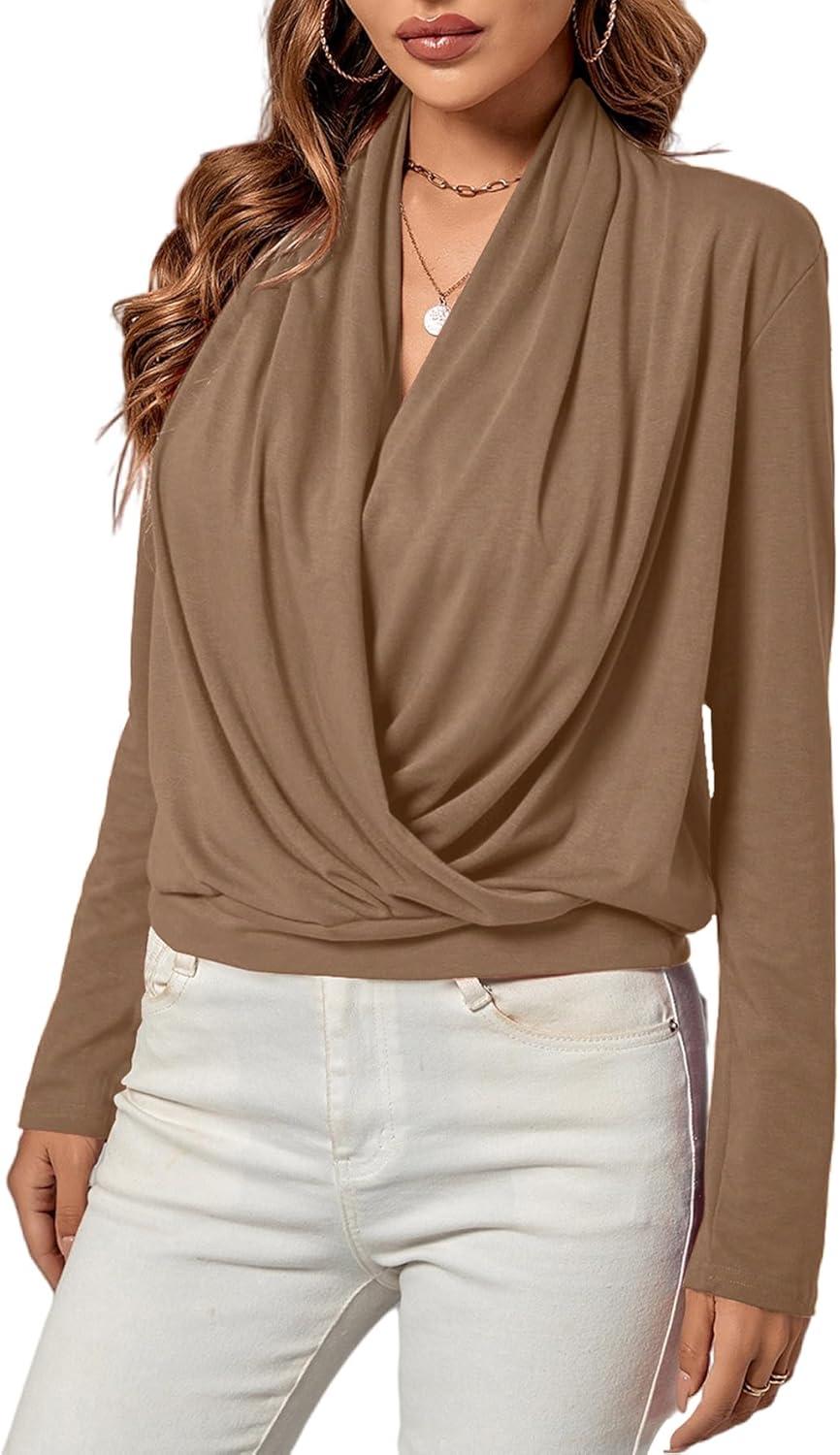 imageLYANER Womens Casual V Neck Cross Wrap Long Sleeve Solid Blouse Shirt TopLight Brown