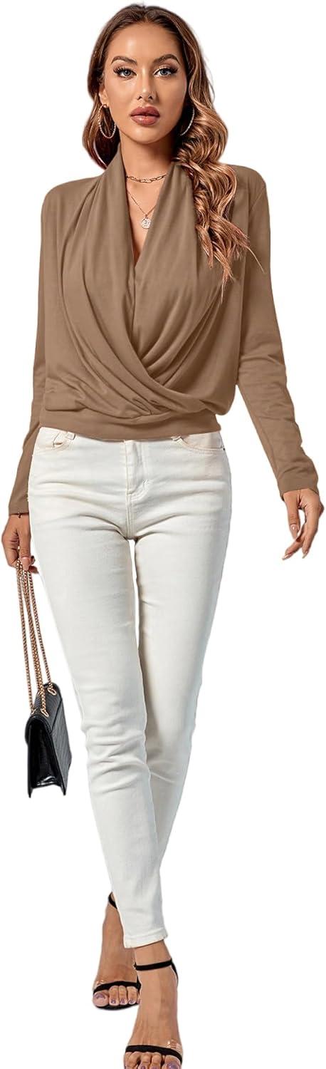 imageLYANER Womens Casual V Neck Cross Wrap Long Sleeve Solid Blouse Shirt TopLight Brown