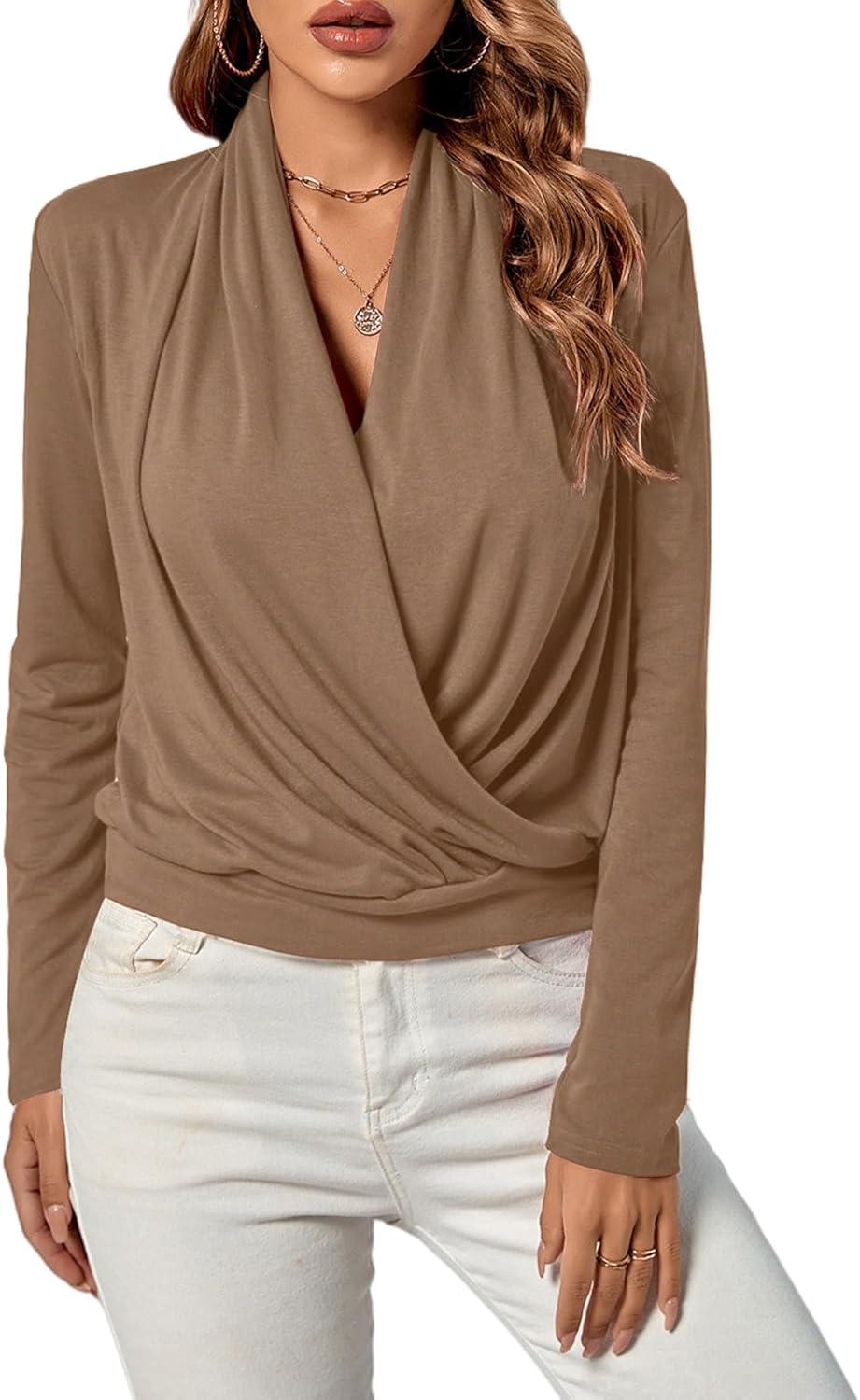 imageLYANER Womens Casual V Neck Cross Wrap Long Sleeve Solid Blouse Shirt TopLight Brown