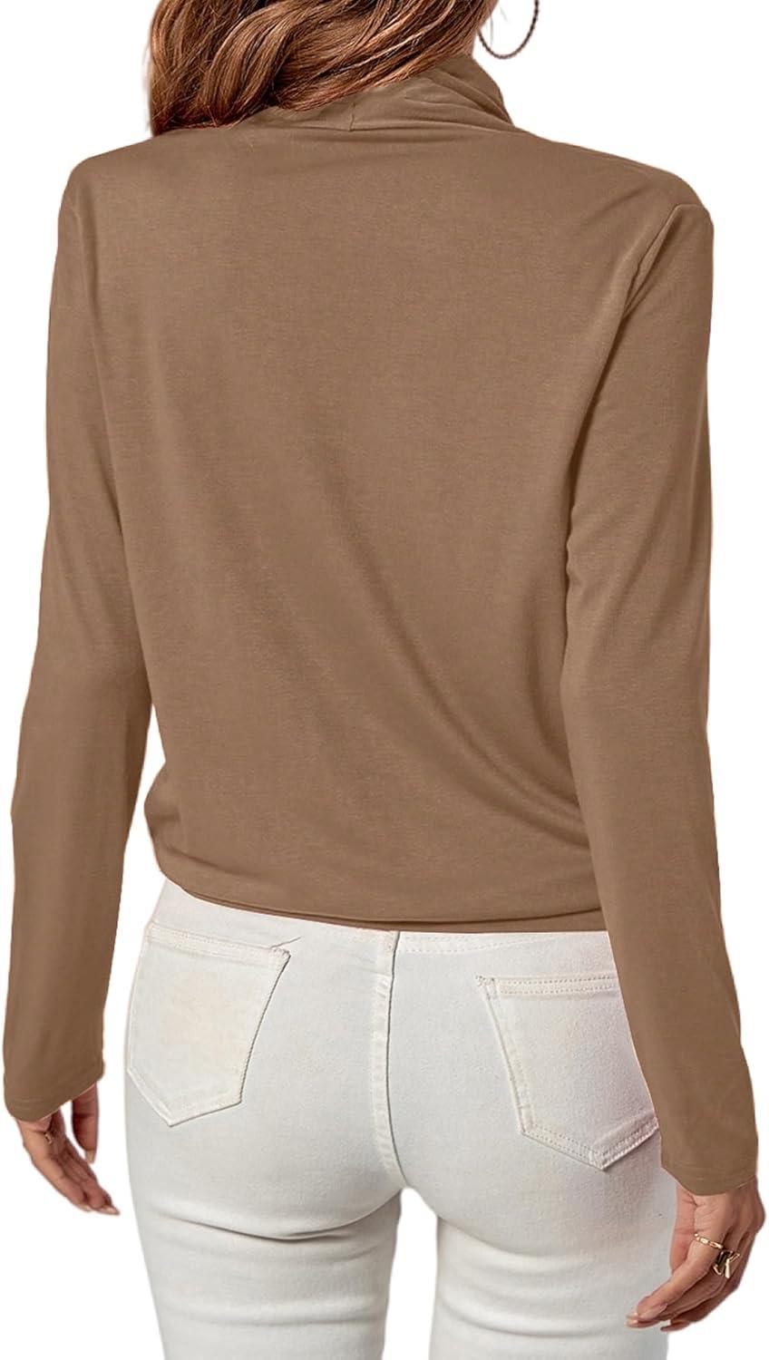 imageLYANER Womens Casual V Neck Cross Wrap Long Sleeve Solid Blouse Shirt TopLight Brown