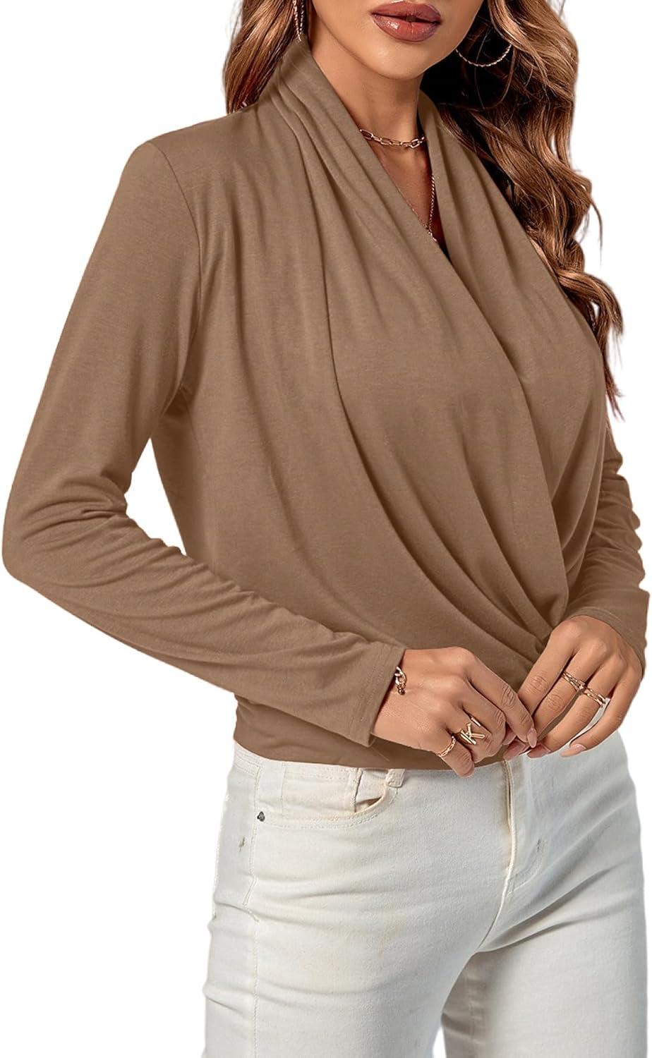 imageLYANER Womens Casual V Neck Cross Wrap Long Sleeve Solid Blouse Shirt TopLight Brown