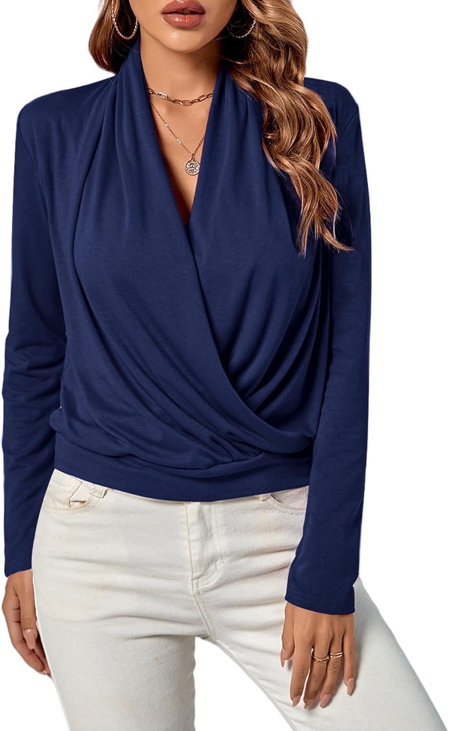 imageLYANER Womens Casual V Neck Cross Wrap Long Sleeve Solid Blouse Shirt TopNavy Blue