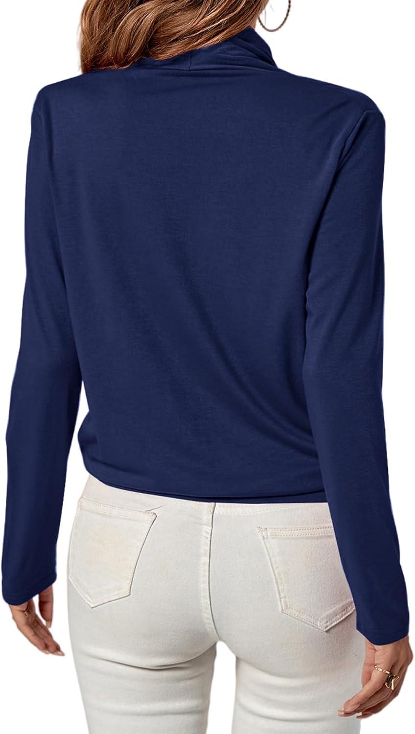 imageLYANER Womens Casual V Neck Cross Wrap Long Sleeve Solid Blouse Shirt TopNavy Blue