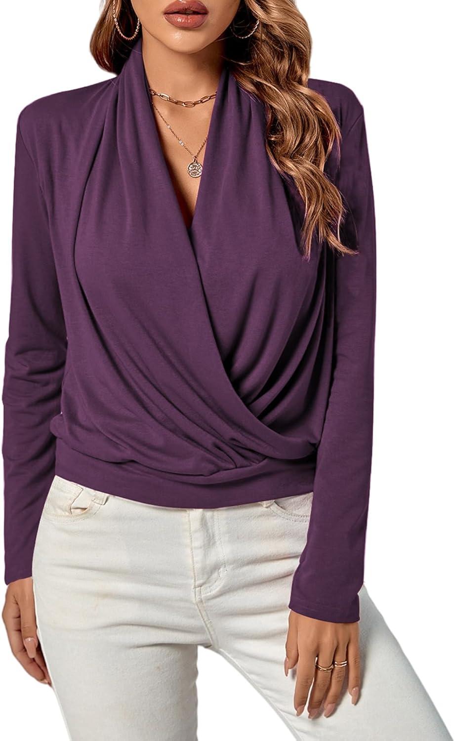 imageLYANER Womens Casual V Neck Cross Wrap Long Sleeve Solid Blouse Shirt TopPurple