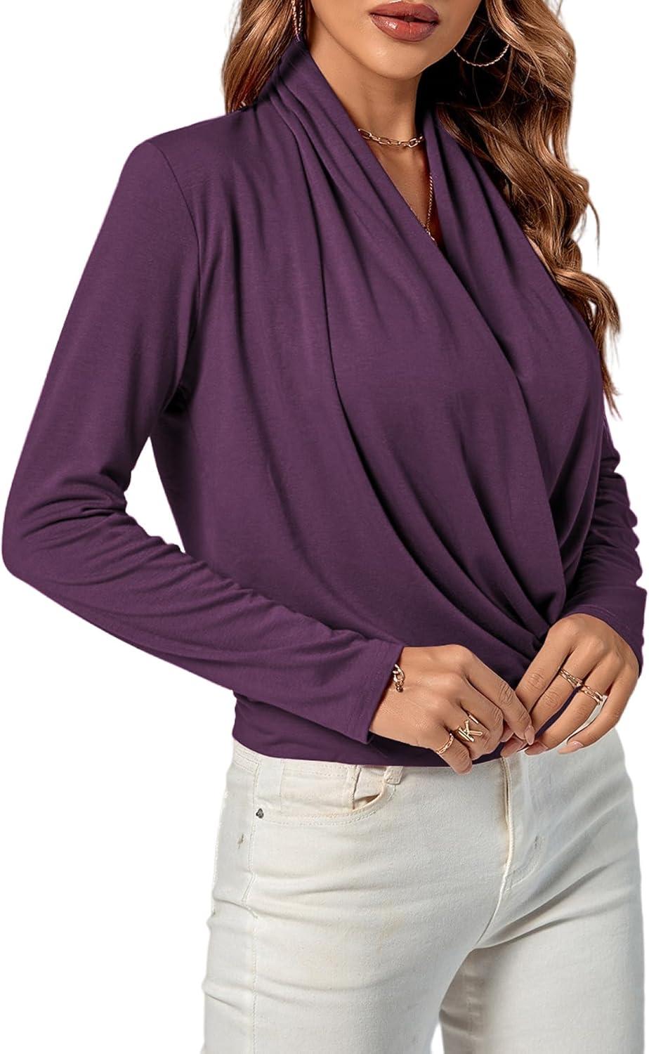 imageLYANER Womens Casual V Neck Cross Wrap Long Sleeve Solid Blouse Shirt TopPurple