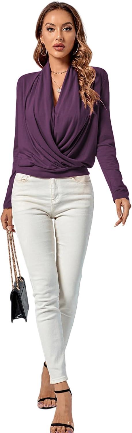 imageLYANER Womens Casual V Neck Cross Wrap Long Sleeve Solid Blouse Shirt TopPurple