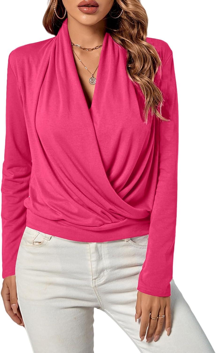 imageLYANER Womens Casual V Neck Cross Wrap Long Sleeve Solid Blouse Shirt TopRose Red
