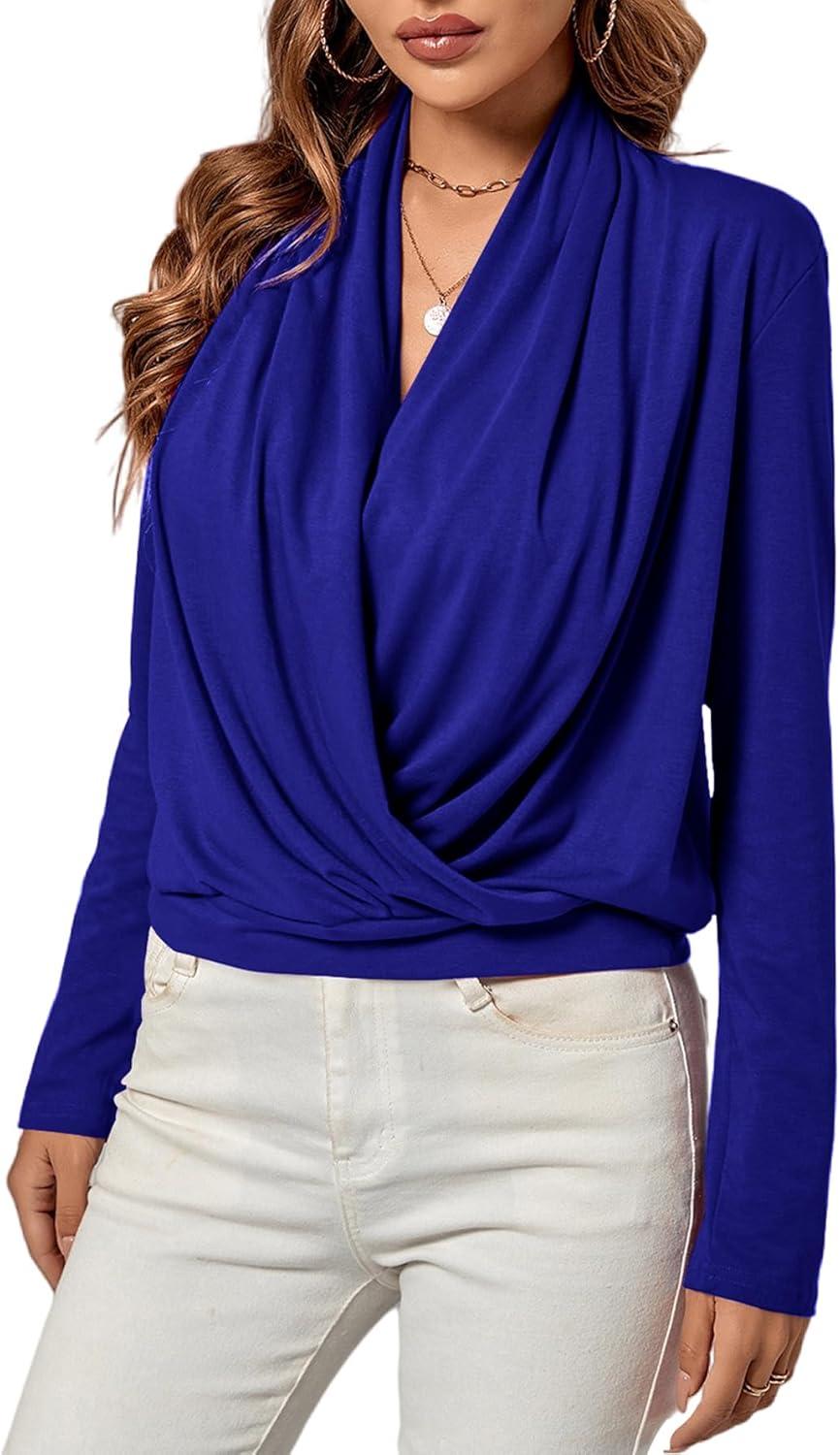 imageLYANER Womens Casual V Neck Cross Wrap Long Sleeve Solid Blouse Shirt TopRoyal Blue