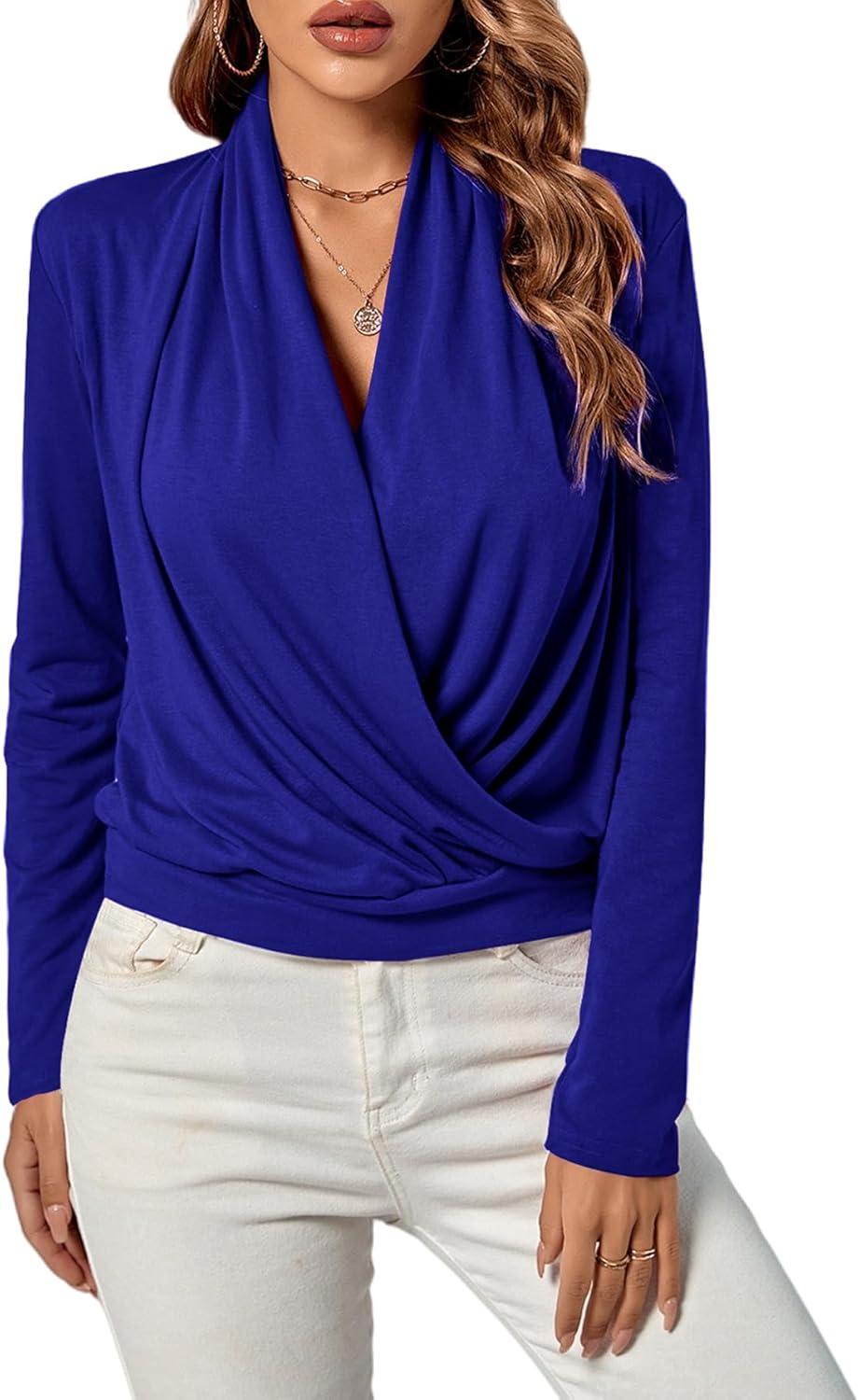 imageLYANER Womens Casual V Neck Cross Wrap Long Sleeve Solid Blouse Shirt TopRoyal Blue