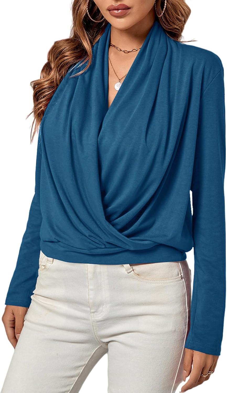 imageLYANER Womens Casual V Neck Cross Wrap Long Sleeve Solid Blouse Shirt TopTeal Blue