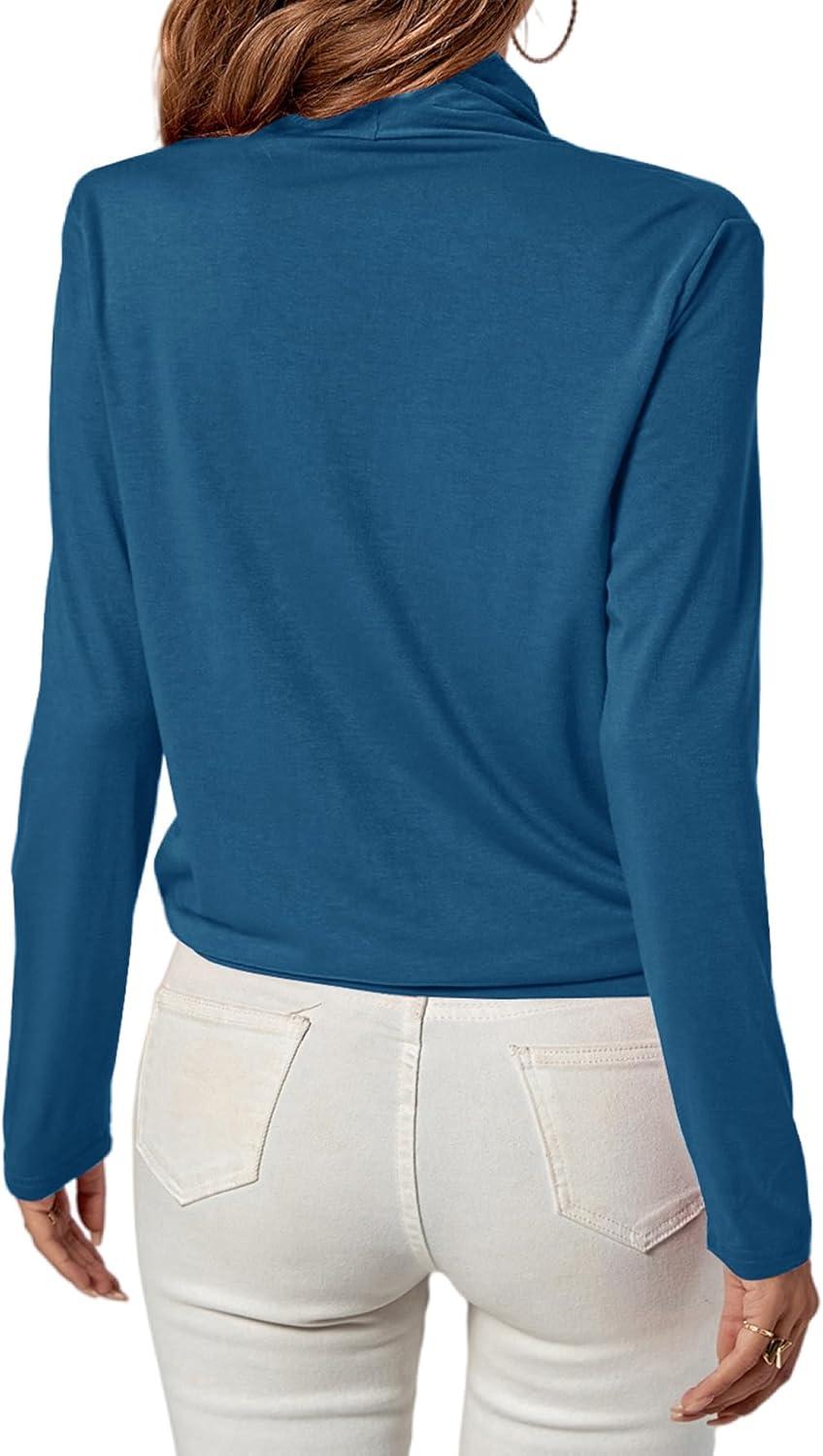 imageLYANER Womens Casual V Neck Cross Wrap Long Sleeve Solid Blouse Shirt TopTeal Blue