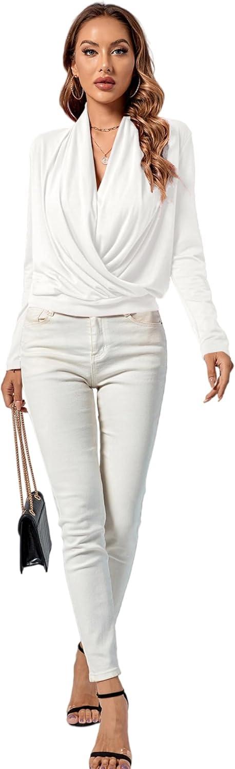 imageLYANER Womens Casual V Neck Cross Wrap Long Sleeve Solid Blouse Shirt TopWhite1