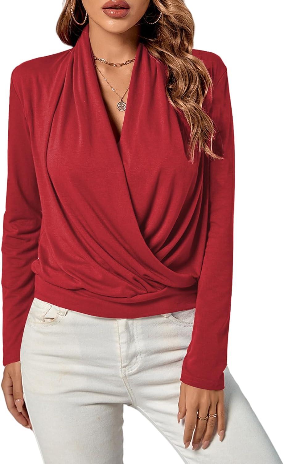 imageLYANER Womens Casual V Neck Cross Wrap Long Sleeve Solid Blouse Shirt TopWine Red