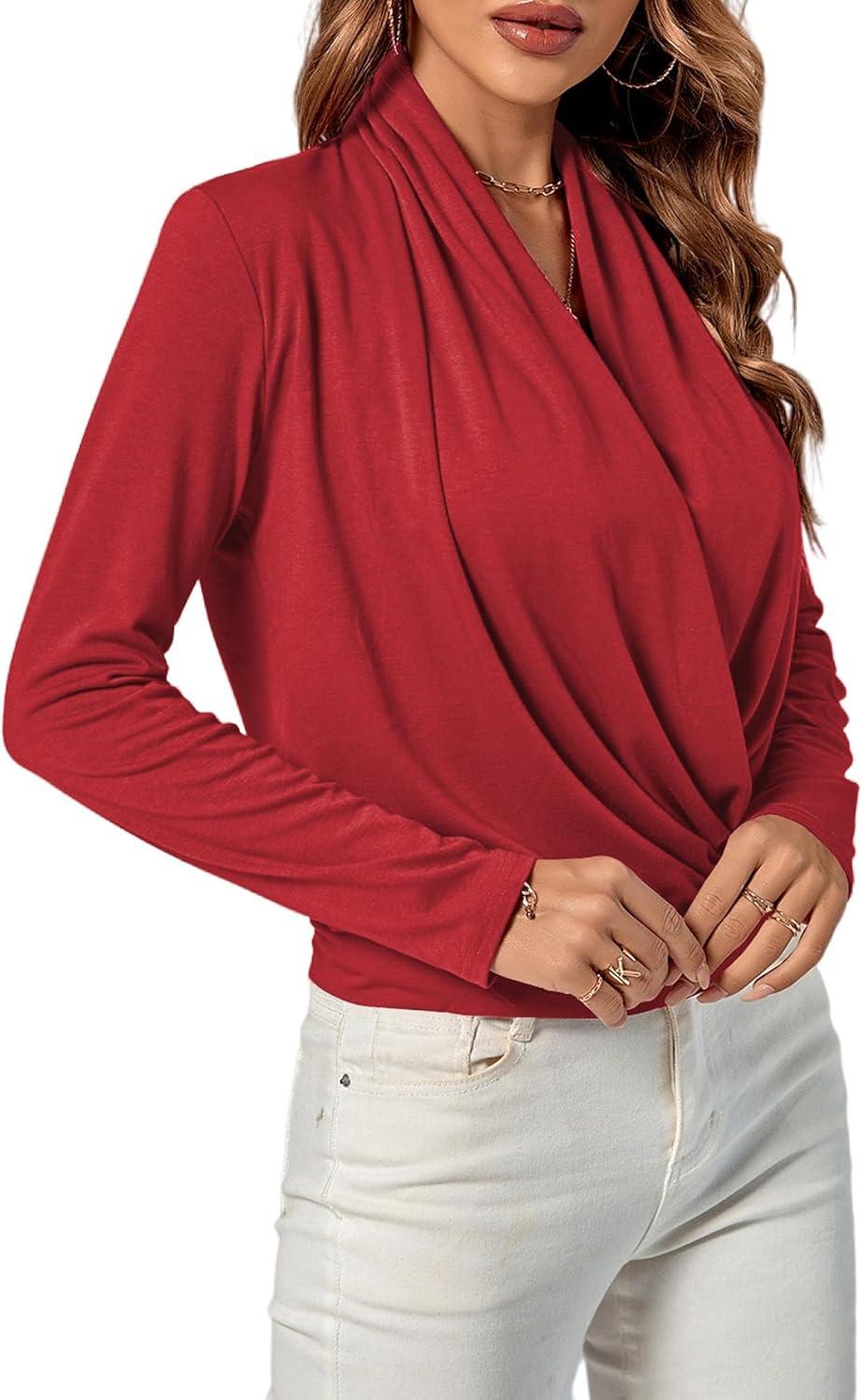 imageLYANER Womens Casual V Neck Cross Wrap Long Sleeve Solid Blouse Shirt TopWine Red