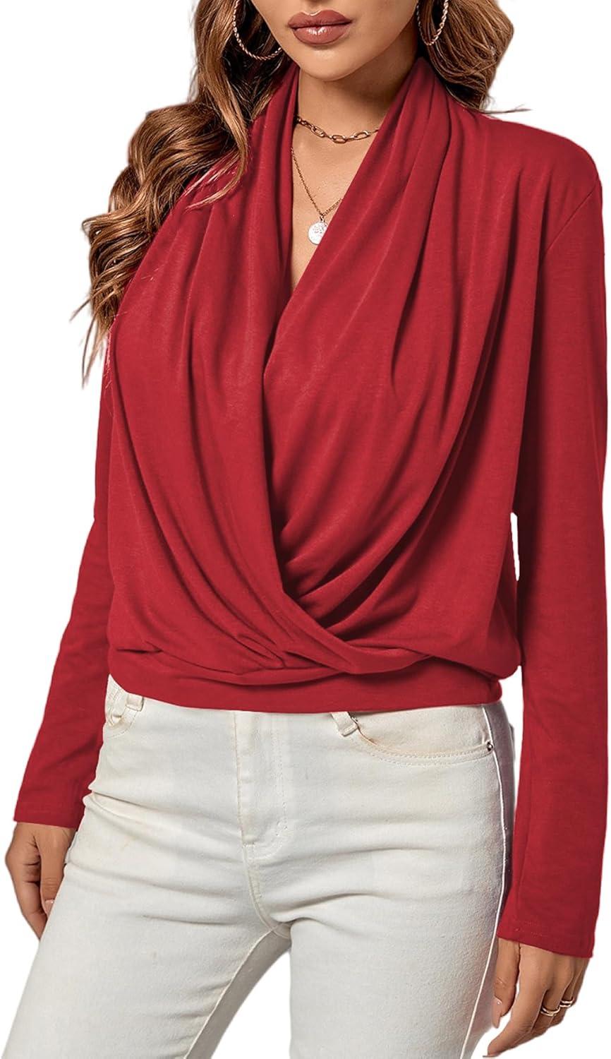 imageLYANER Womens Casual V Neck Cross Wrap Long Sleeve Solid Blouse Shirt TopWine Red