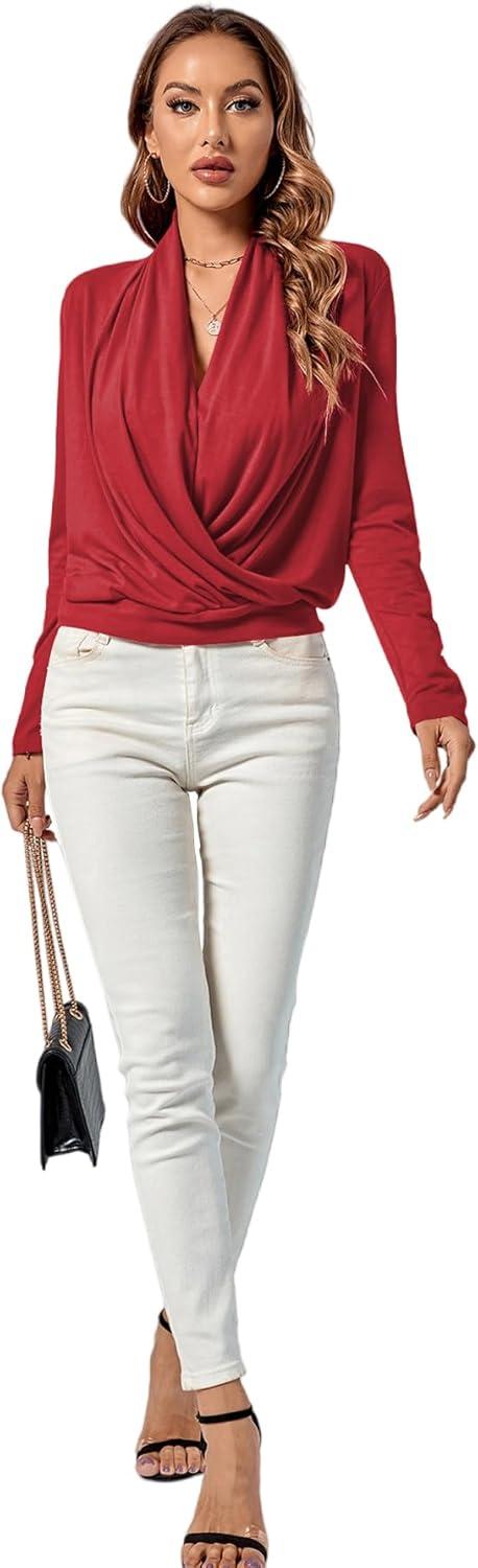 imageLYANER Womens Casual V Neck Cross Wrap Long Sleeve Solid Blouse Shirt TopWine Red