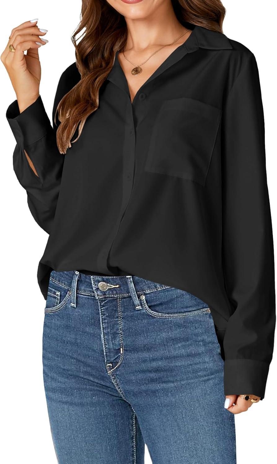 imageLYANER Womens Collar Buttons Down Long Sleeve Work Blouse Shirt Top with PocketBlack